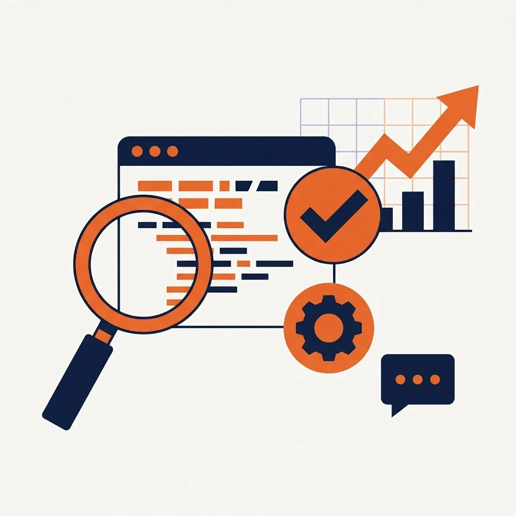 Icono de auditoría SEO mostrando lupa sobre código web, gráfico de crecimiento, engranaje y check de validación