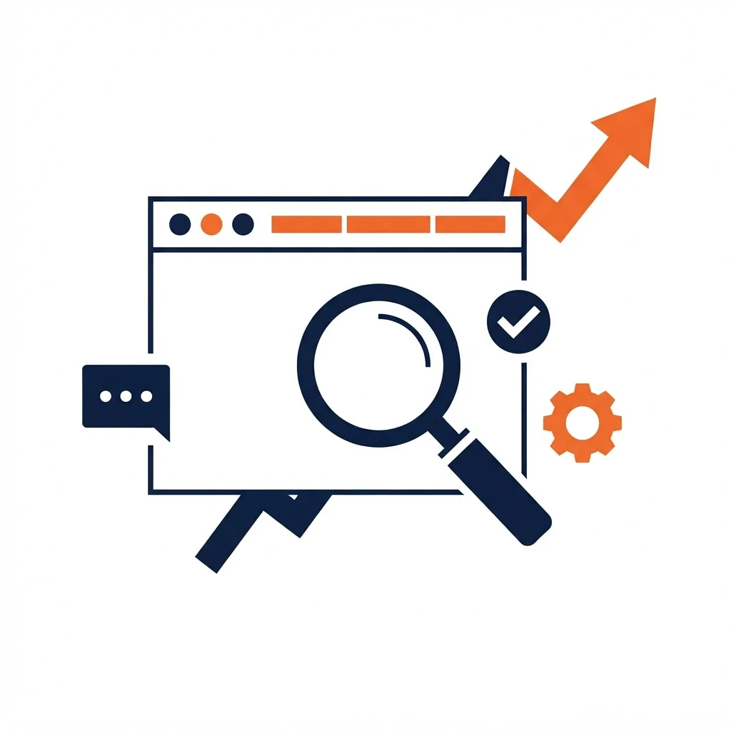 Icono de navegador web con lupa de búsqueda, check de validación y engranaje, representando el análisis técnico y de IA de una auditoría SEO