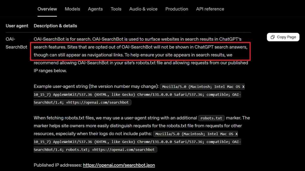 Captura de la documentación oficial de OpenAI que explica que los sitios que bloquean a OAI-SearchBot no se muestran en las respuestas de búsqueda de ChatGPT