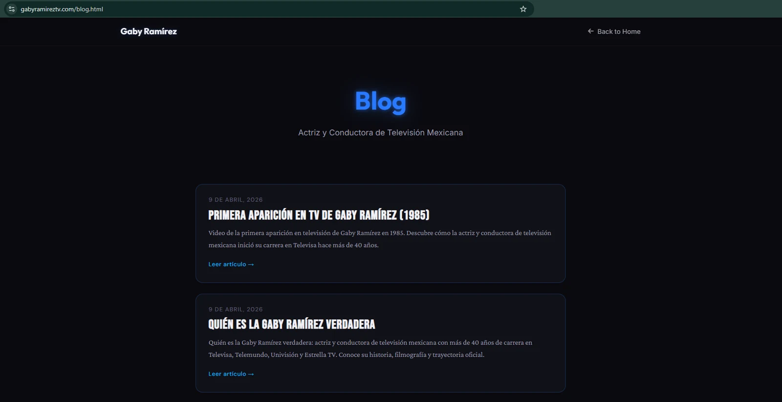 Página del blog de gabyramireztv.com reparada, con la lista de sus dos artículos