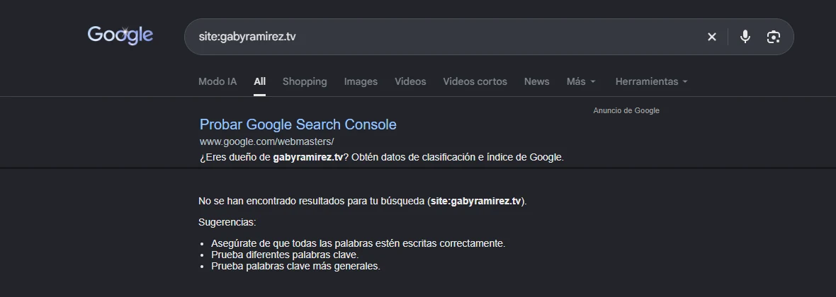 Búsqueda site:gabyramirez.tv en Google sin resultados: el dominio al que apuntaba el sitio de Gaby Ramírez no existe en Google