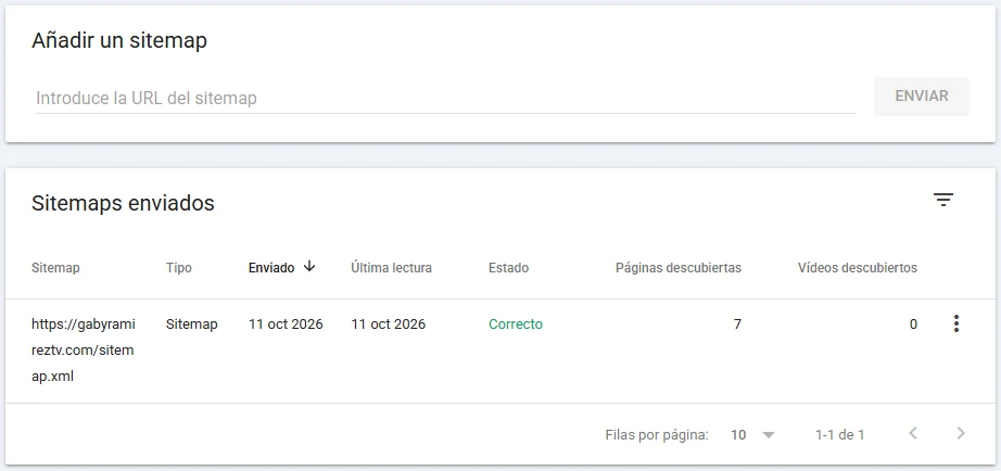 Search Console después: el sitemap de gabyramireztv.com en estado Correcto con 7 páginas descubiertas