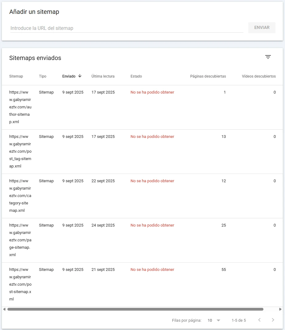 Search Console antes: cinco sitemaps de un WordPress anterior en estado No se ha podido obtener
