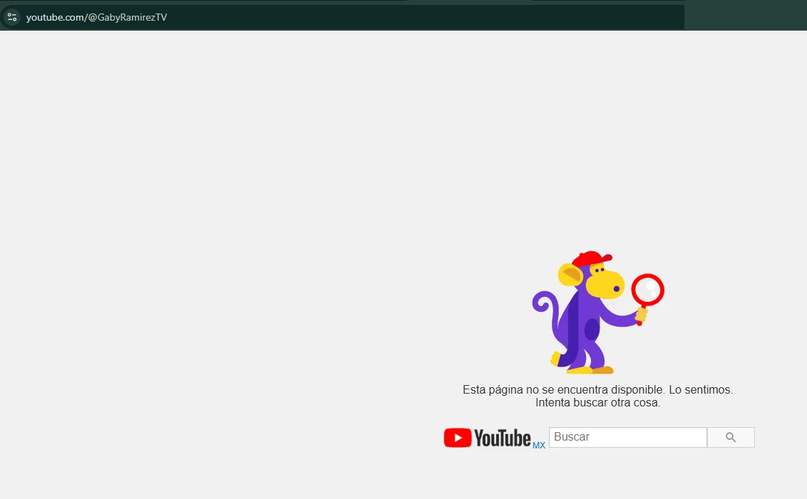 Enlace de YouTube del sitio de Gaby Ramírez antes de la corrección: la página del canal no existe